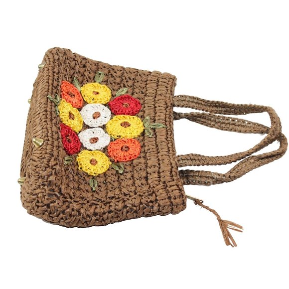 Vintage 1970's Raffia Straw Crochet Floral Embellishments Double Handled Purse - Picture 4 of 16